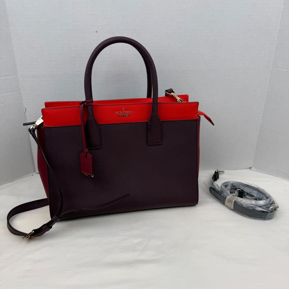Kate Spade New York Saffiano Leather Satchel Colorblock Plum Red Crossbody Bag